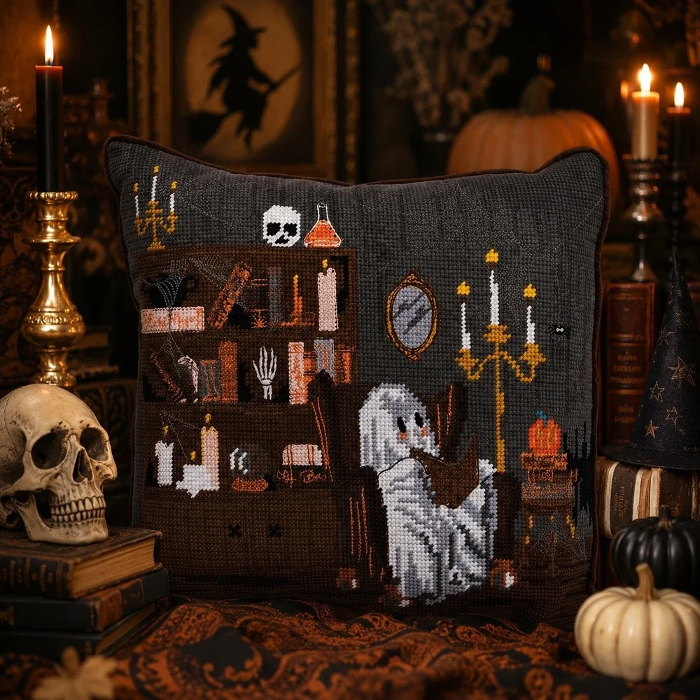 Rachel Ashwell Farmhouse Book Lover Ghost Needlepoint Pillow 14x14 Halloween